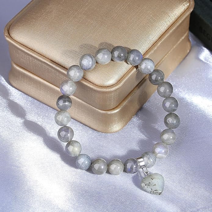 MAIBAOTA Healing Crystal Bracelet for Women, 8 mm Natural Gemstone Beaded Bracelet, Love Heart Bracelet Jewelry Gifts for Birthday Mothers Day Valentine's Day Anniversary
