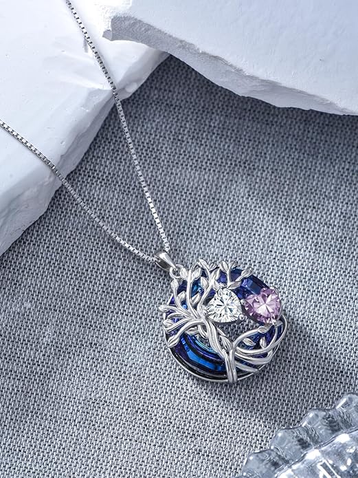 TOUPOP s925 Sterling Silver Family Celtic Tree of Life Pendant Necklaces with 2 Heart Birthstone with Blue Austrian Crystal Jewelry Birthday Valentines Day Gifts for Her, Anniversary Christmas Gifts for Wife Girlfriend Mom (18K Real White Gold Filled)