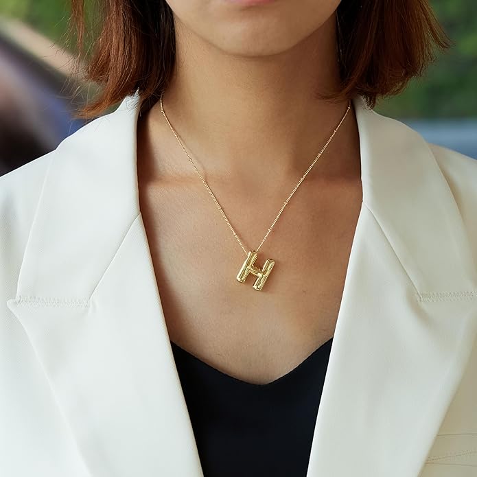 Inerney Valentines Day Gifts Gold Bubble Letter Necklace Initial Necklaces for Women, Chunky 14K Plated Balloon Initials, Trendy Charm Non Tarnish Custom Name Pendant Jewelry Gifts for Mom