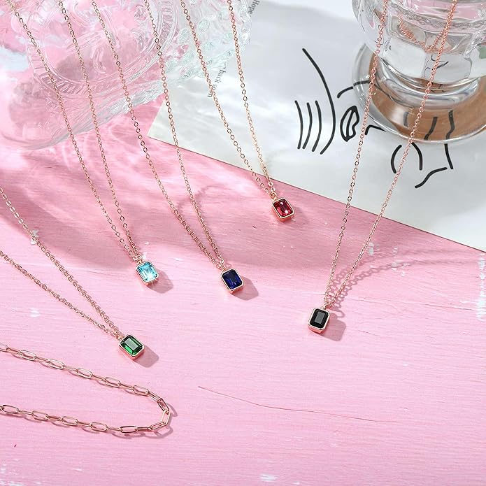 Layered Birthstone Necklace for Women Girls, 14K Gold-Plated Paperclip Chain Choker Necklace with Rectangle Birthstone Pendant Birthday Gifts for Women Girls Dainty Small