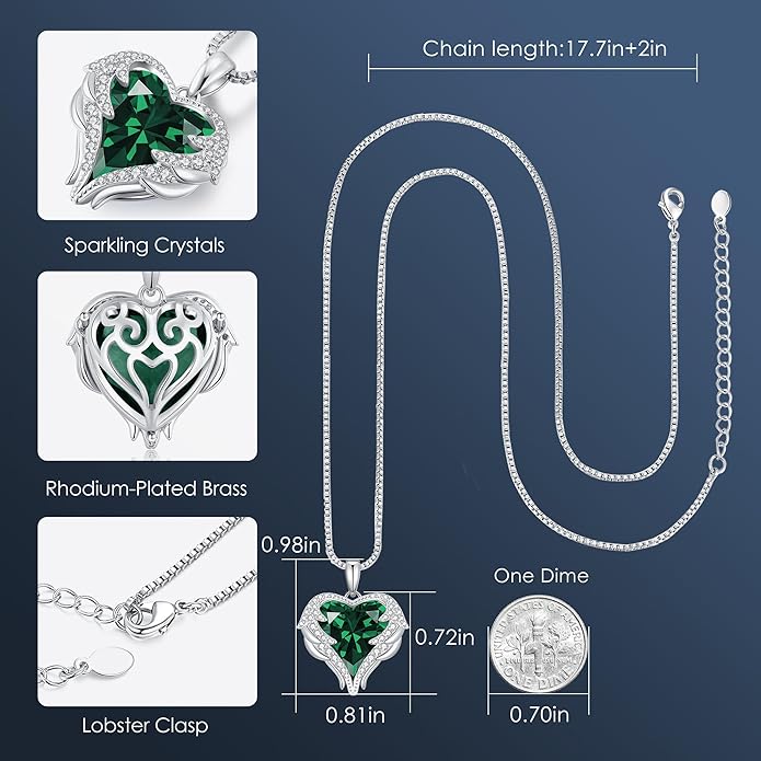 CDE Valentines Day Gifts for Women Angel Wings Necklace for Women with Birthstone, Love Heart Silver Tone/Gold Tone Pendant, Ideal Anniversary or Birthday Jewelry Gifts for Wife Girlfriend Her