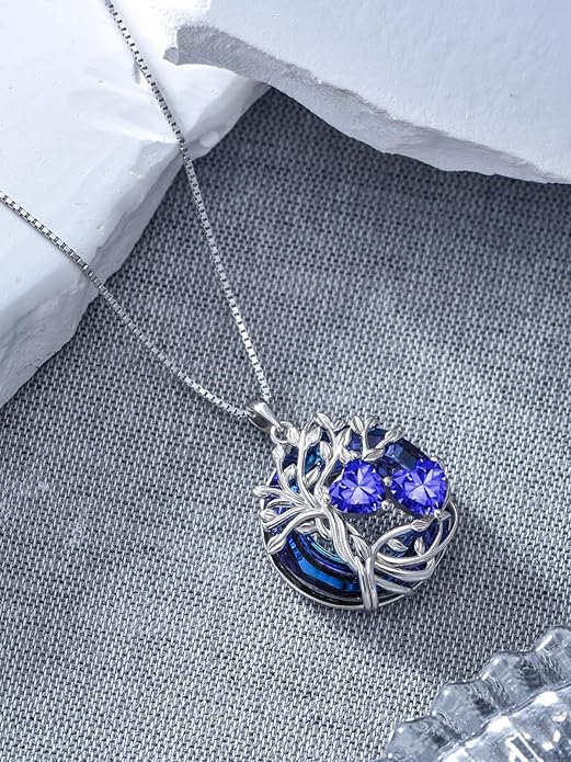 TOUPOP s925 Sterling Silver Family Celtic Tree of Life Pendant Necklaces with 2 Heart Birthstone with Blue Austrian Crystal Jewelry Birthday Valentines Day Gifts for Her, Anniversary Christmas Gifts for Wife Girlfriend Mom (18K Real White Gold Filled)
