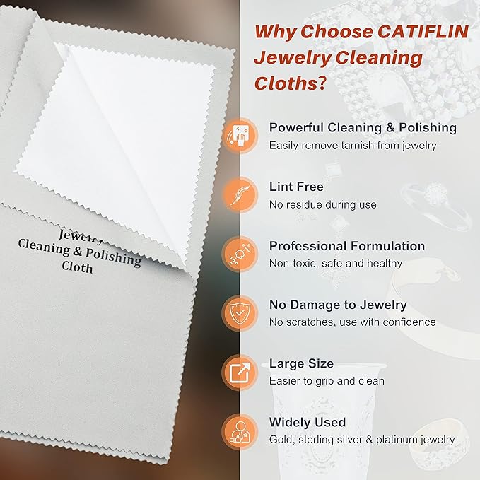 CATIFLIN 2pcs Multi-Layer Jewelry Cleaning Cloth, Large Silver Polishing Cloth, 100% Cotton Jewelry Polishing Cloths for Gold, Silver and Platinum Jewelry (Light Gray, 10 "X12)