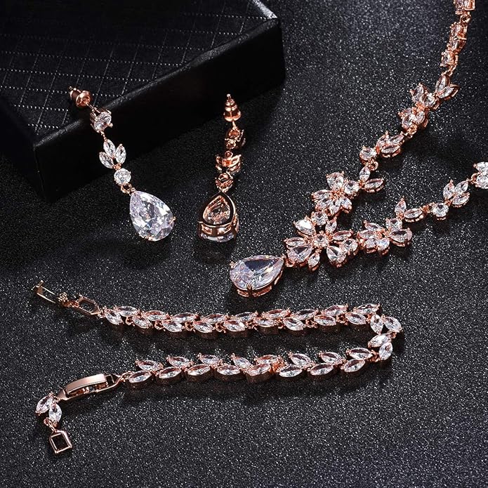 Hadskiss Jewelry Set for Women, Necklace Dangle Earrings Bracelet Set with White AAA Cubic Zirconia, Allergy Free Wedding Party Jewelry for Bridal Bridesmaid