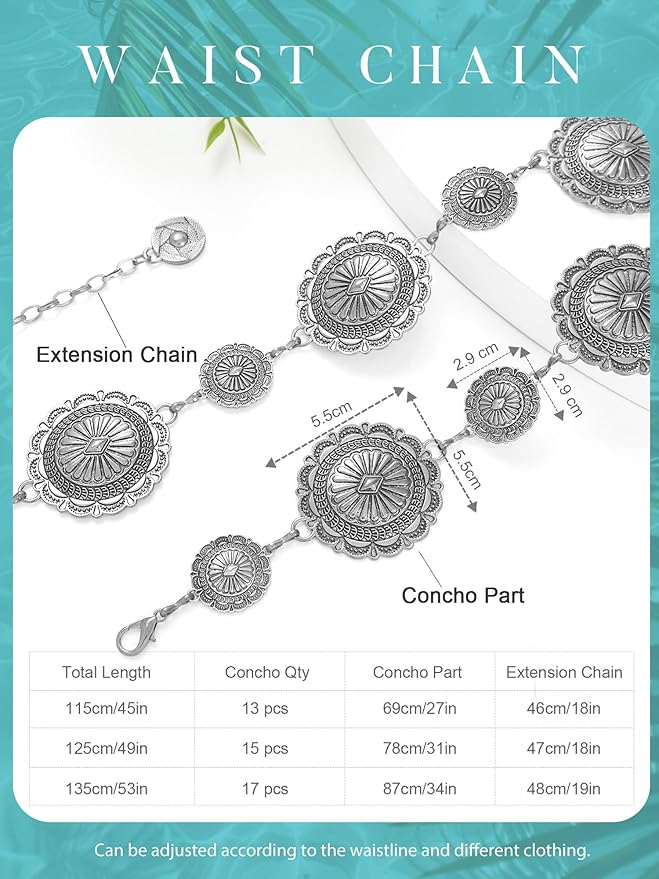 FIORETTO Metal Waist Chain Link Belt for Women Western Cowgirl Boho Turquoise Belts for Dress Jeans Country Concert Outfit