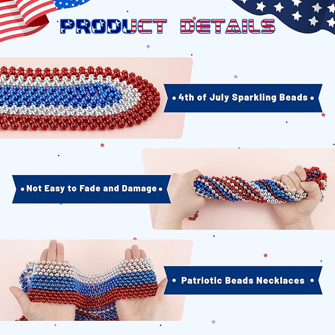SHAOQINLIN 100 PCS Patriotic Bead Necklaces, 4th of July Accessories 33 Inch Metallic Red/Silver/Blue Beaded Necklace for Patriotic Day, Carnival Party Favor