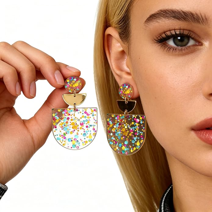 Women's Multicolor Confetti Acrylic Earrings - Boho Geometric Half Moon Dangle Earrings, Funky Neon Sparkly Statement Earrings for Summer Party & Daily Wear