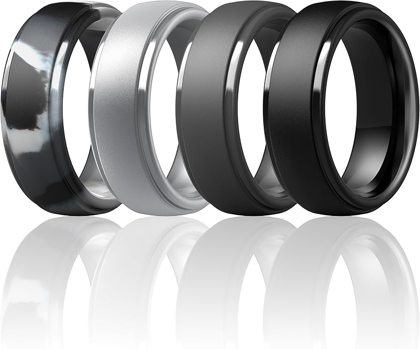 ThunderFit Silicone Rings for Men - 7 Rings / 4 Rings / 1 Ring Step Edge Rubber Wedding Bands 10mm Wide - 2.5mm Thick