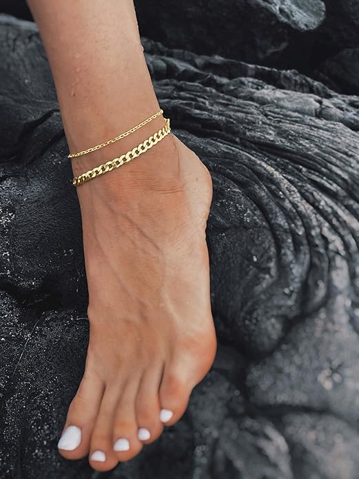 DEARMAY Dainty 14K Gold Plated Ankle Bracelets for Women, Waterproof 14K Gold Plated Link Chain Anklets Non Tarnish Set Pack Summer Beach Jewelry Gift
