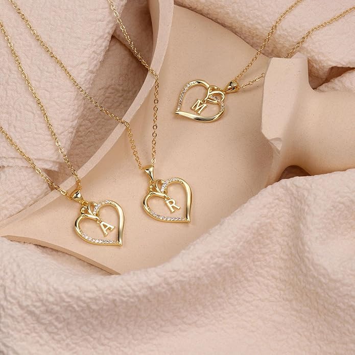 STORUP Valentines Gifts for Her Teen Girls - Heart Initial Necklaces for Women Girls, 14K-Gold-Plated CZ Initial A-Z Heart Necklaces for Teen Girl Jewelry Valentines Gifts for Women Mom Wife Sister