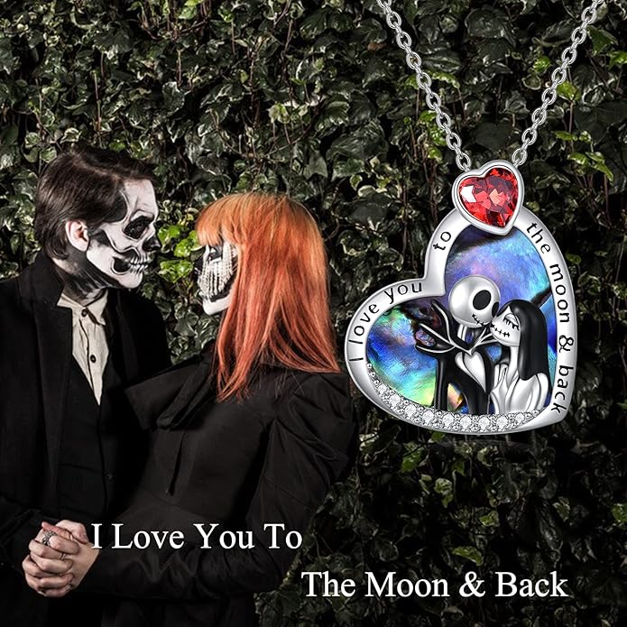 LILALO Nightmare Necklace Sterling Silver Abalone Shell Crystal Jack and Sally Necklace Jack Skellington Skull Jewelry Skull Necklaces for Women