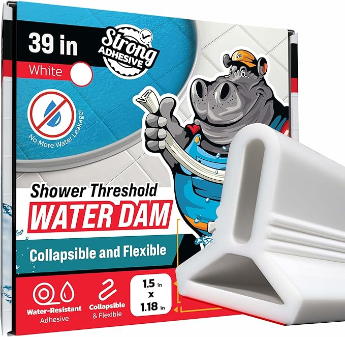39" White Shower Threshold Water Dam Barrier, 1.5" Tall Water Stopper Strip | by ExploreHippoDam