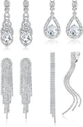 THUNARAZ 4 Pairs Silver Clip on Earrings for Women, Sparkly Rhinestone Tassel Chandelier Teardrop Dangle Earrings for Brides Bridesmaids Non Pierced Prom Jewelry Set