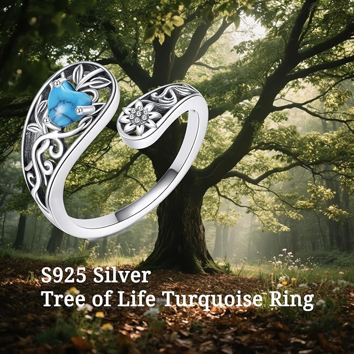 VONALA Dragonfly/Butterfly/Tree of Life/Sunflower Ring for Women 925 Sterling Silver Adjustable Turquoise Ring Flower Antique Jewelry Gifts