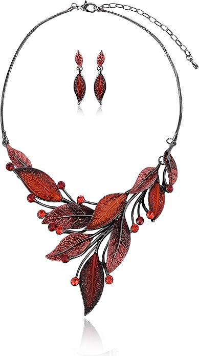 AMYJANE Vintage Statement Jewelry Set - Spring Leaf Flower Floral Plant Necklace Earring Set Crystal Rhinestone Fashion Costume Jewelry for Women Prom Party Unique Gift