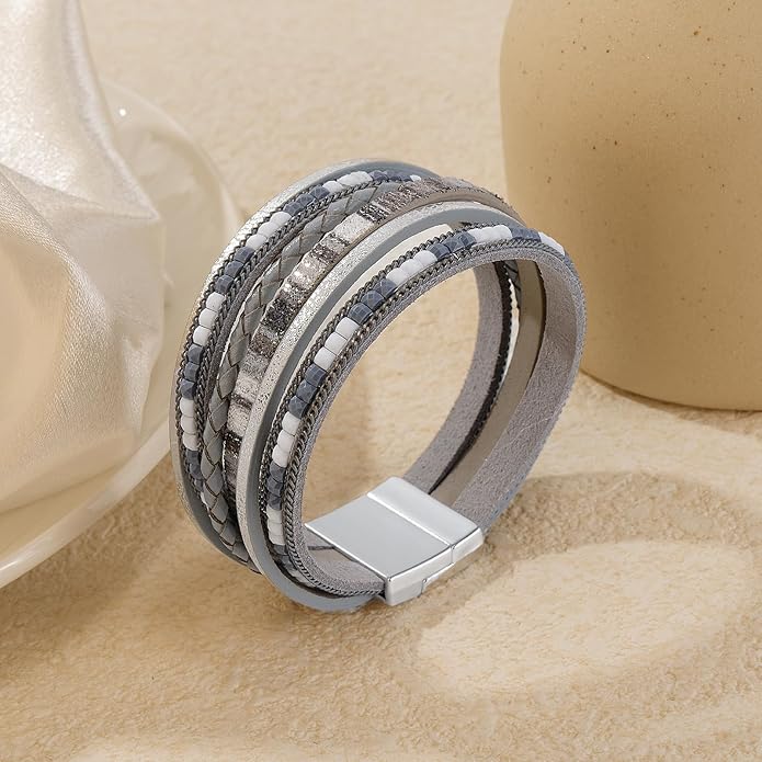 Wrapped Bracelets for Women,Leather Bracelet,Boho Bracelets for Women,Multi-Layer Pearl Crystal Bracelet Bangle Jewelry