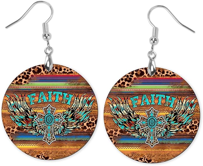 Round Wood Earrings Light Weight Printed Image Dangle Jewelry