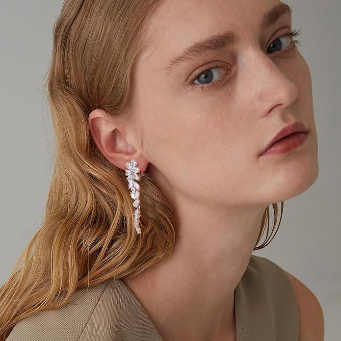 Clip on Earrings for Women 925 Sterling Silver Plated Cubic Zirconia Long Tassel Dangle Drop Earrings Non Pierced Earrings for Women Jewelry Gifts Wedding Party