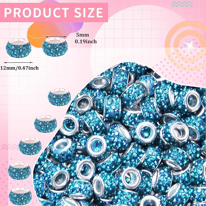 60Pcs Rhinestone Large Hole Beads Spacer Bead Blue European Craft Big Beads Large Hole Rhinestones Lampwork Murano Fairy Wand Garden Bead for DIY Bracelet Necklace Jewelry Making Supplies