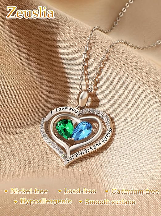 Valentine's Day Gifts for Wife 925 Sterling Silver Double Birthstone Pendant Necklaces I Love You for Always and Forever Necklace Anniversary Birthday Gifts for Wife Girlfriend Mom Her