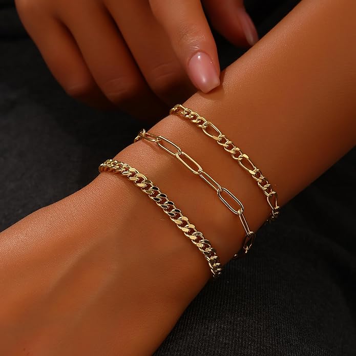 Gold Bracelets for Women, 18K Gold Plated Dainty Paperclip Link Chain Bracelets Thin Cute Stackable Bracelet Pack Fashion Accessories Gifts for Women