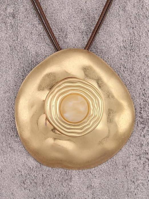 GelConnie Leather Necklace for Women Large Pendant Long Brown Necklace Circle Leather Choker Vintage Sweater Necklace Gold Chunky Boho Necklaces for Women