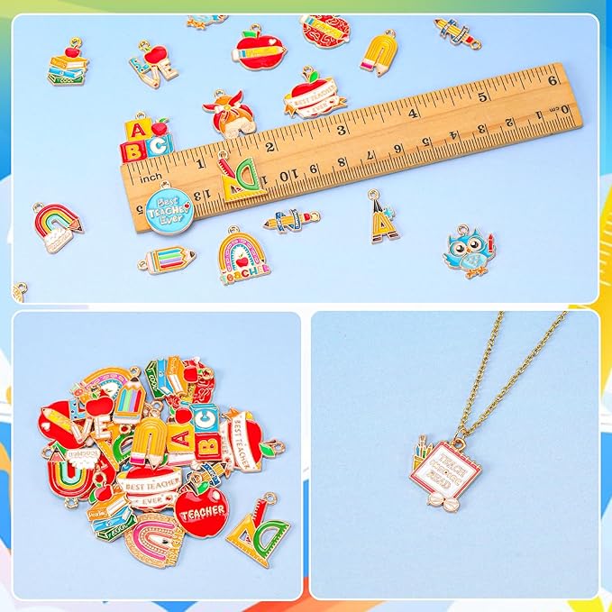 MARFOREVER Teacher Charms, 40Pcs/20 Pairs Student School Charms for Jewelry Making, Assorted Pencil Book Globe Enamel Charm Pendants for Bracelet Necklace Earrings Making Accessories