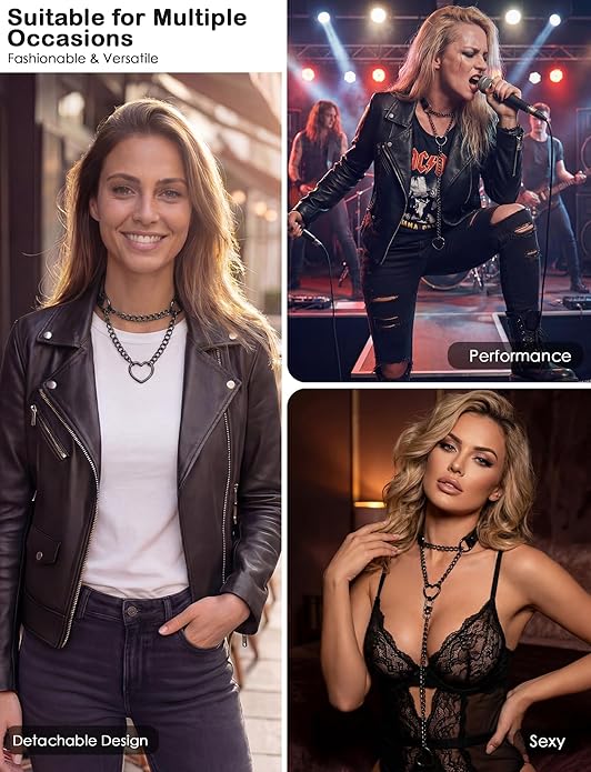 FEOYA Heart Choker Necklace for Women Hearts O-Ring Slip Chain Adjustable Punk Leather for Valentine Cosplay Gift
