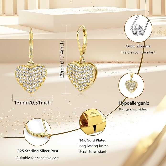 ALEXCRAFT 925 Sterling Silver Dangle Earrings, 14K Gold Plated Heart Waterdrop Earring for Women Trendy Hypoallergenic Leverback Earings Wedding Cubic Zirconia Dangle Earrings Jewelry for Women