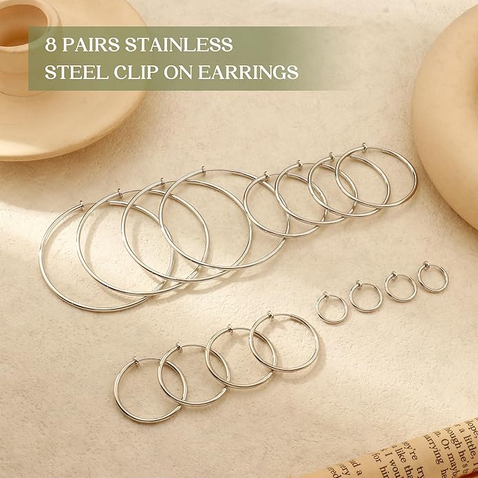 Magitaco 8 Pairs Clip On Hoop Earrings Stainless Steel Clip On Earrings for Women Fake Hoop Earring Spring Hoop Earring For Non-Pierced Ears