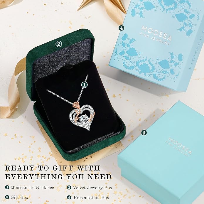 MOOSEA Valentines Day Gifts for Her - 925 Sterling Silver Rose Heart Moissanite Necklace, 1-3 ct VVS1 Clarity Lab Created Moissanite Anniversary Birthday Gifts for Mom Wife Girlfriend Jewelry Gift