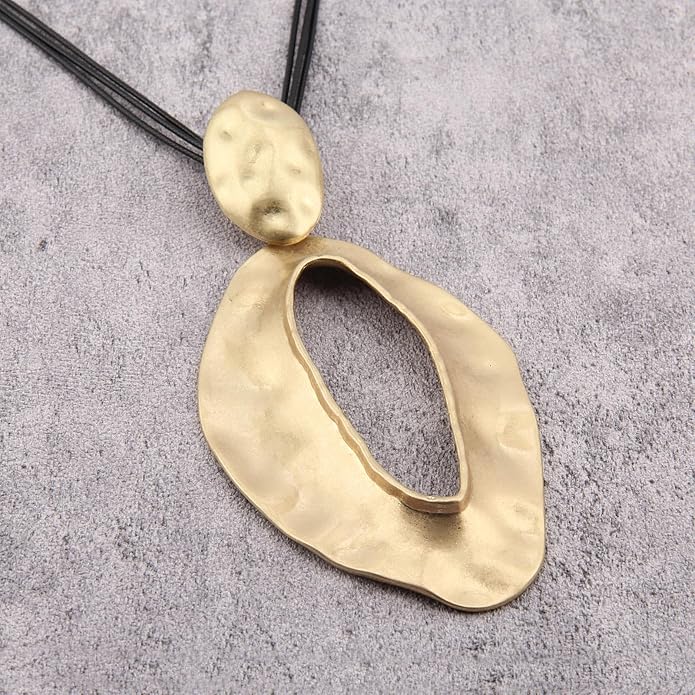 GelConnie Leather Necklace for Women Large Pendant Long Brown Necklace Circle Leather Choker Vintage Sweater Necklace Gold Chunky Boho Necklaces for Women