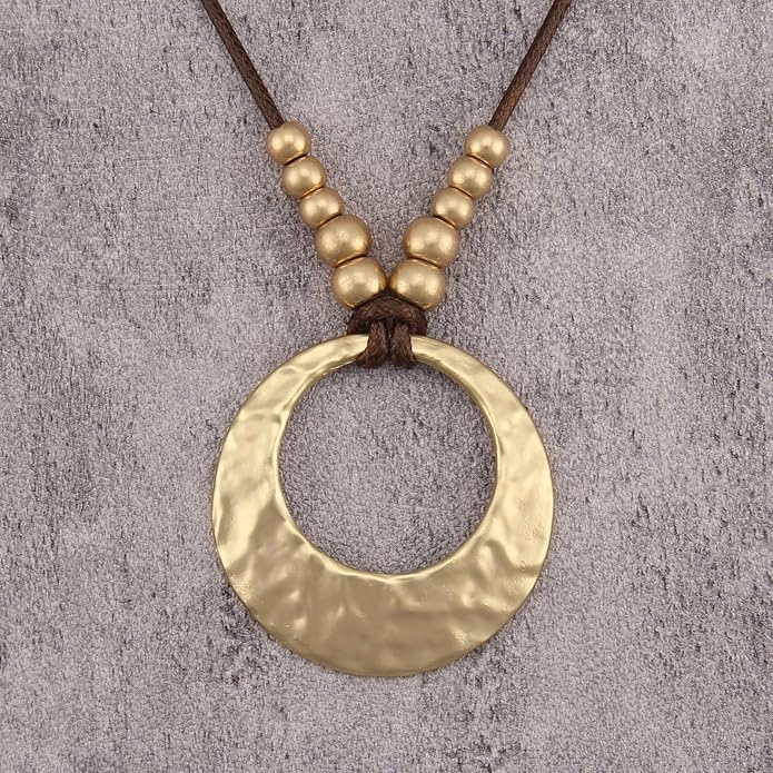 Boho Leather Necklace Women Bohemian Brown Circle Pendant Necklace Choker Long Necklaces for Women Boho Ring Large Pendant