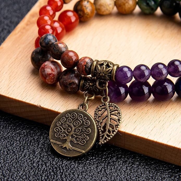Bivei Natural Semi Precious Gemstone beads bracelet for women - Life Tree and Leaf Charm Energy Reiki Crystal Stretch Bracelets