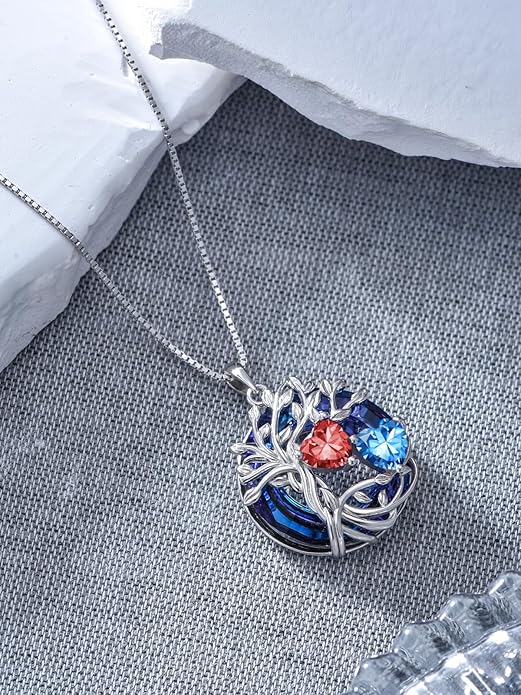 TOUPOP s925 Sterling Silver Family Celtic Tree of Life Pendant Necklaces with 2 Heart Birthstone with Blue Austrian Crystal Jewelry Birthday Valentines Day Gifts for Her, Anniversary Christmas Gifts for Wife Girlfriend Mom (18K Real White Gold Filled)