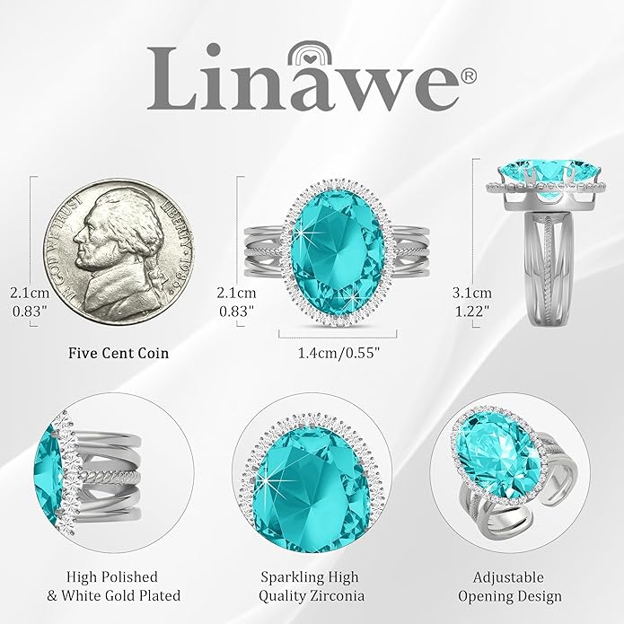 Linawe Birthstone Chunky Adjustable Rings for Women, Gold/Silver/Rose Gold Statement Rings, Imitation Diamond Fake Gemstone Crystal Cocktail Ring, Cubic Zirconia Costume Jewelry