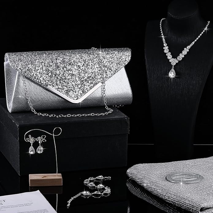 Hicarer 5 Pcs Dressy Jewelry Sets, Silver Shawls and Wraps, Clutch Purse for Homecoming Prom Evening Women Formal