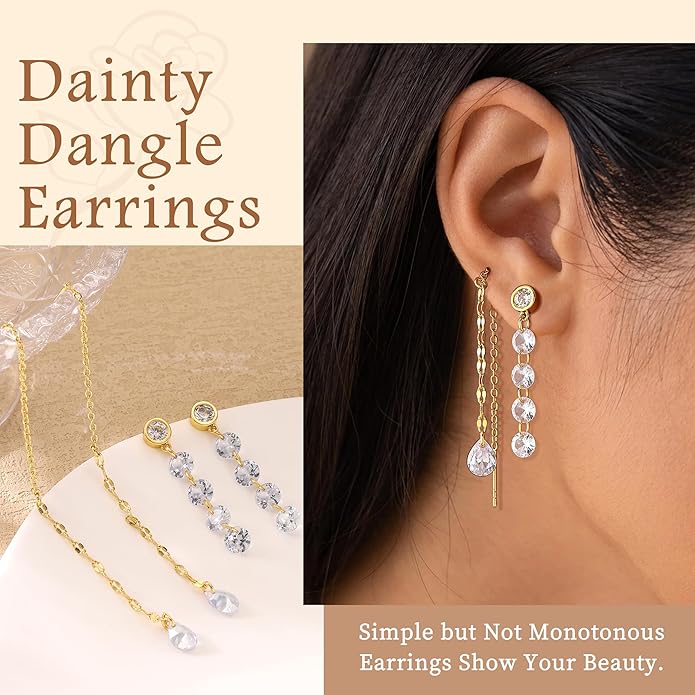 Dangle Earrings For Women Trendy 14K Gold Plated Drop Silver Long Dangling Dainty CZ Simple Hanging Jewelry