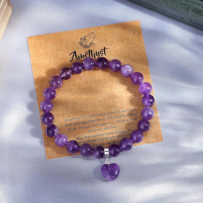 MAIBAOTA Healing Crystal Bracelet for Women, 8 mm Natural Gemstone Beaded Bracelet, Love Heart Bracelet Jewelry Gifts for Birthday Mothers Day Valentine's Day Anniversary
