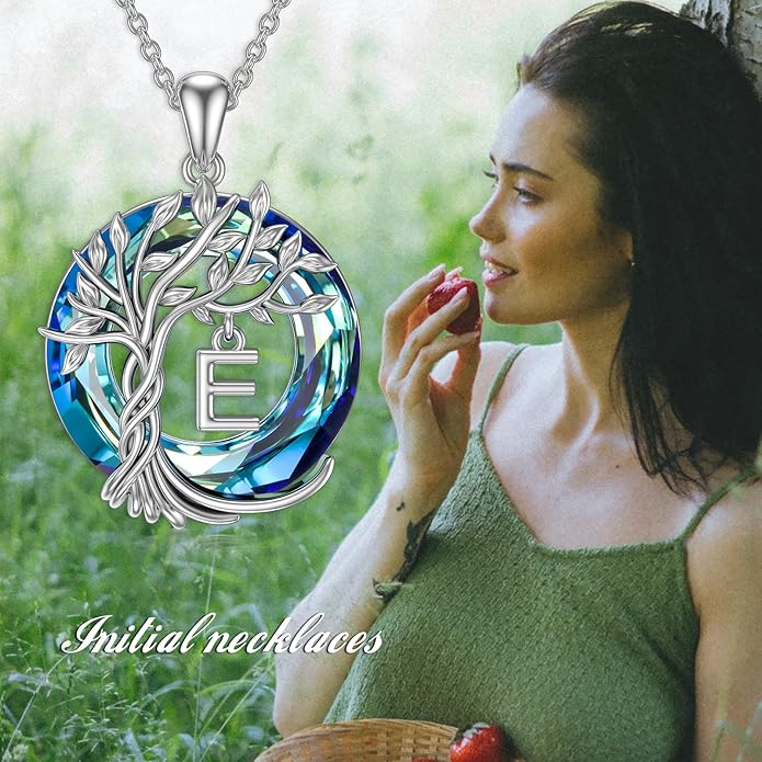 TOUPOP Gifts for Women Tree of Life Necklace 925 Sterling Silver Initial Pendant Family Tree Crystal Jewelry Valentine's Day Birthday Gifts for Her Mom Wife Girlfriend Daughter