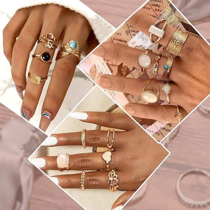 Subiceto 70 Pcs Vintage Crystal Ring Set Knuckle Rings for Women Bohemian Stackable Joint Rings Retro Boho Stacking Joint Finger Rings Pack