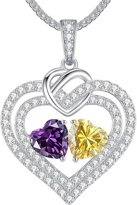 LOUISA SECRET Sparkling Double Heart Birthstone Necklaces for Women, 925 Sterling Silver Fine Jewelry, Pendant Heart Necklaces Birthday Anniversary Christmas Gift for Women Wife Mom Girlfriend Lady