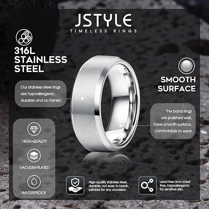 Jstyle Stainless Steel Rings for Men Wedding Ring Cool Simple Band 8MM Width 3 Pcs A Set