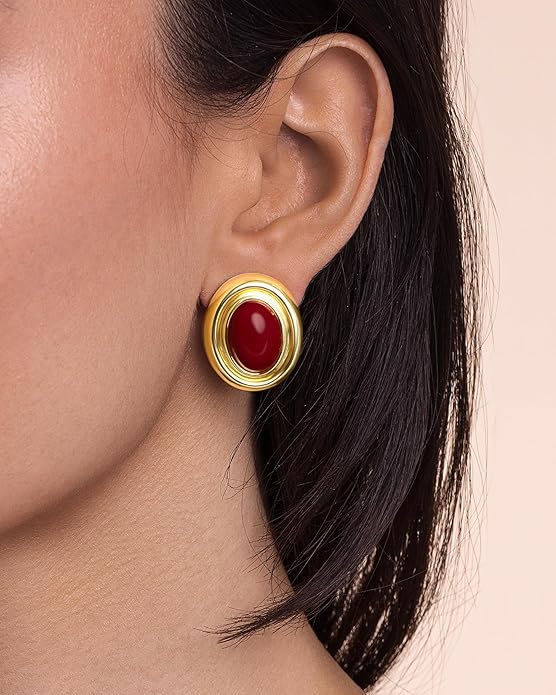 18K gold plated Medium Oval Button Chunky Statement Earrings for Women by SNGIA, (Turquoise, Carnelian, Aventurine, Amethyst, Malachite, Cat Eye, White, Cream) Bold Handmade Colored (Red, Blue, Green, White, Cream, Purple) Exaggerated Dome Retro Rounde...