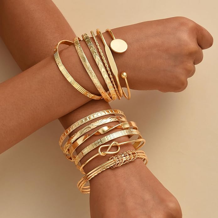 ÌF ME Gold Bangle Bracelets for Women, Indian Bangles Stackable Set, Multi Layer Textured 14K Gold Plated Chunky Bracelets Boho Jewelrys Set