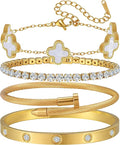 18K Gold Plated Bangle Bracelets Stack for Women,Four Leaf Clover Stackable Bracelets Non Tarnish,4 Pcs Jewelry sets Gifts