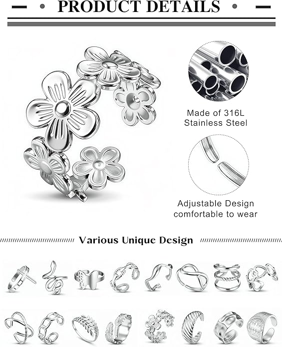LOLIAS 16Pcs Stackable Stainless Steel Rings for Women Chunky Silver Rings Non Tarnish Ring Open Adjustable Thumb Finger Statement Ring Set