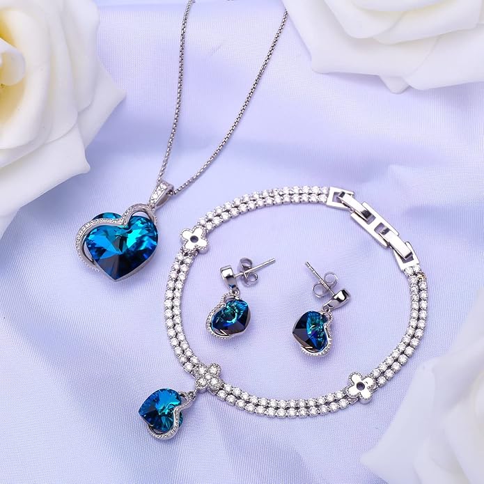 Blissful Heart Crystal Jewelry Sets For Women 18K White Gold Plated Bracelet Necklace and Earrings Sets for Wife Girlfriend or Mothers Idea Gift for Special Women in Life
