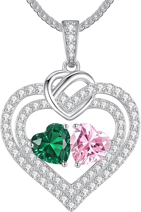 LOUISA SECRET Sparkling Double Heart Birthstone Necklaces for Women, 925 Sterling Silver Fine Jewelry, Pendant Heart Necklaces Birthday Anniversary Christmas Gift for Women Wife Mom Girlfriend Lady