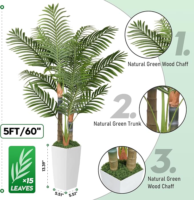 5ft Artificial Palm Tree Indoor Plant，Triple Faux Tropical Areca Floor Plant in - Image 3